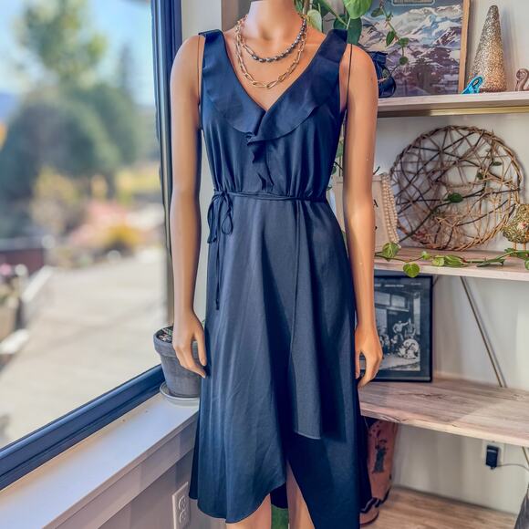 French Connection, Black Maude Drape Ruffle Dress w/ Wrap Front, Women's US 4 - Picture 5 of 11